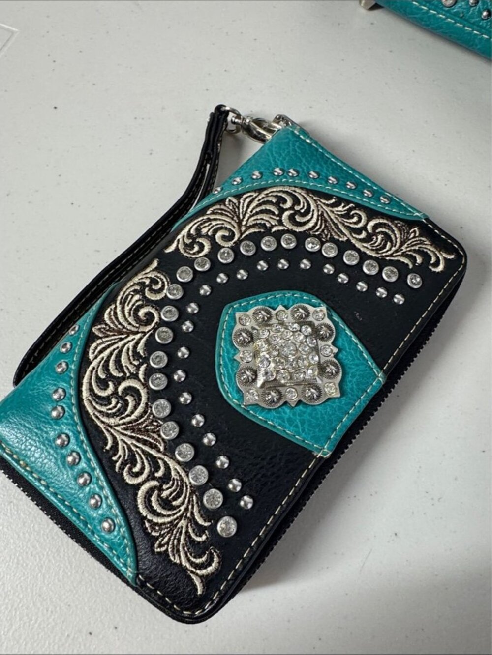Montana West Western Handbag & Wallet Set Turquoise Black Studded Boho Rustic - Picture 3 of 16